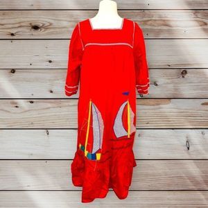 D4 Vintage 1970s Seawind Muumuu Sailboat Red Dress Beach XL XXL 3X appliqué Indi